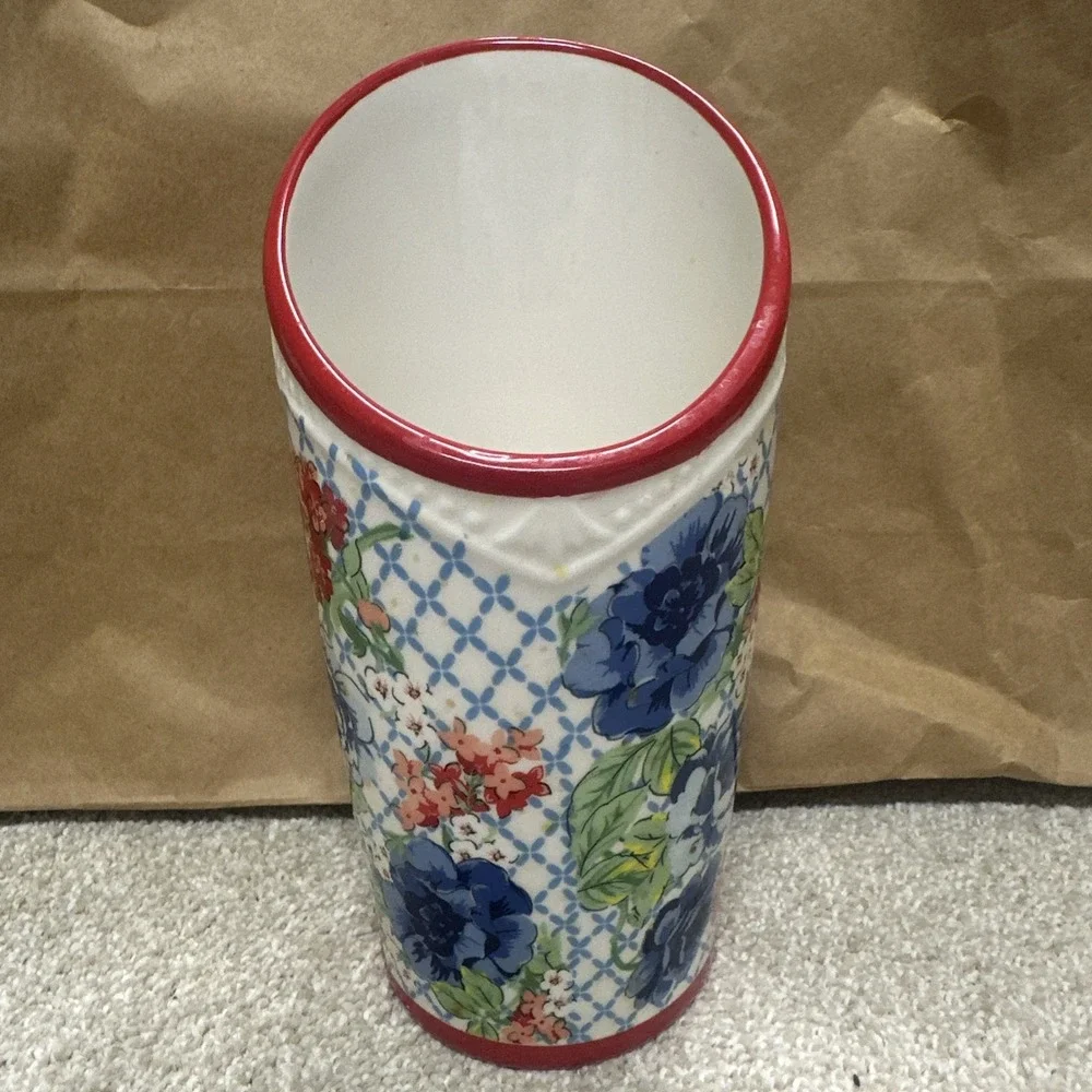 The Pioneer Woman Floral Utensil Holder Vase Stoneware Red Blue 8 Inch